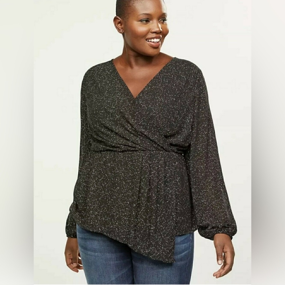 Lane Bryant Faux Wrap Peplum Metallic Gold Foild Long Sleeve Top Sz 20